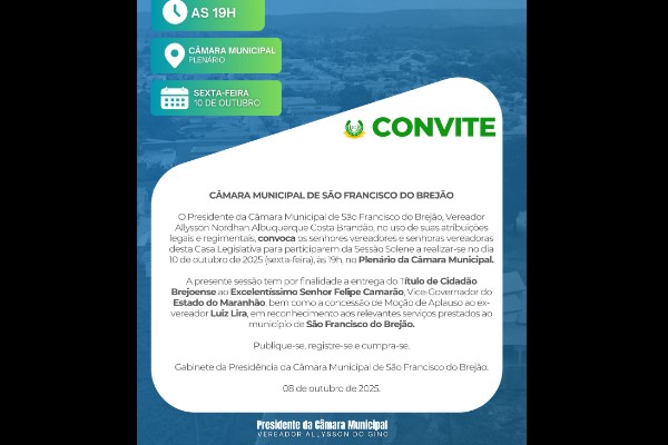 Convite da Sessão Solene que acontecerá amanhã, sexta-feira 10/10/2025